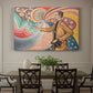 Canvas art print featuring a stylized portrait with swirling decorative background, showcased as a statement wall artwork