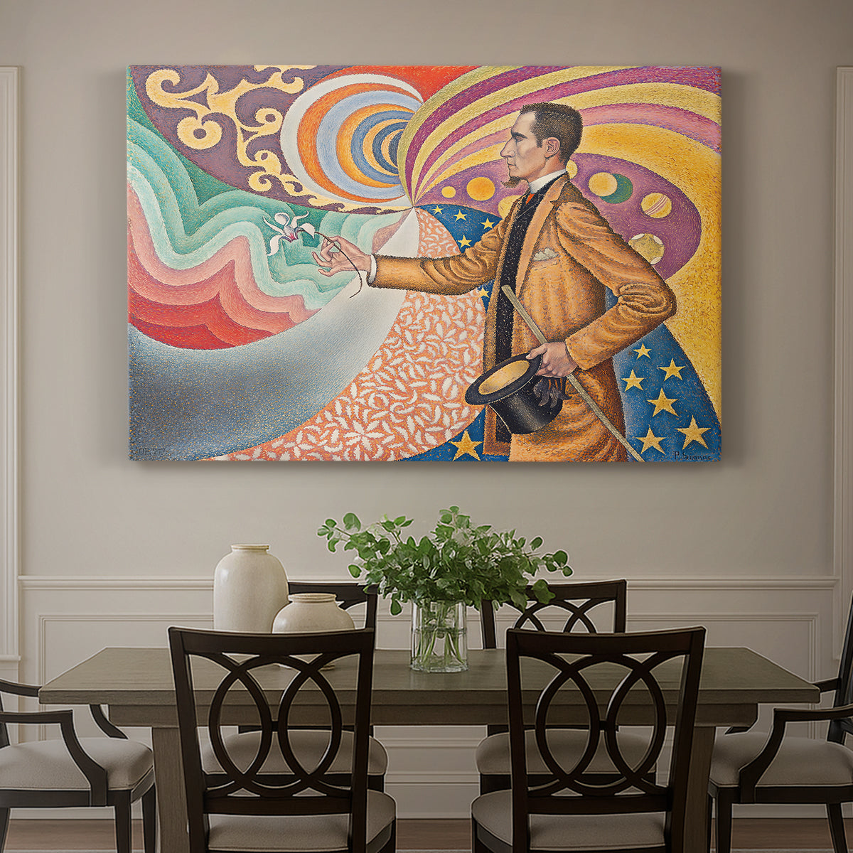 Canvas art print featuring a stylized portrait with swirling decorative background, showcased as a statement wall artwork