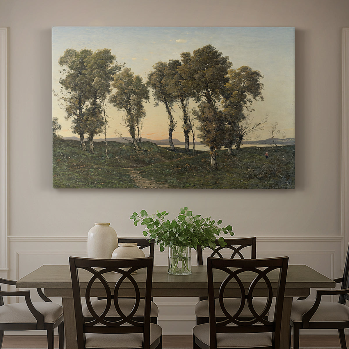 Canvas art print featuring trees silhouetted against evening sky in warm autumn tones, showcased as a statement wall artwork