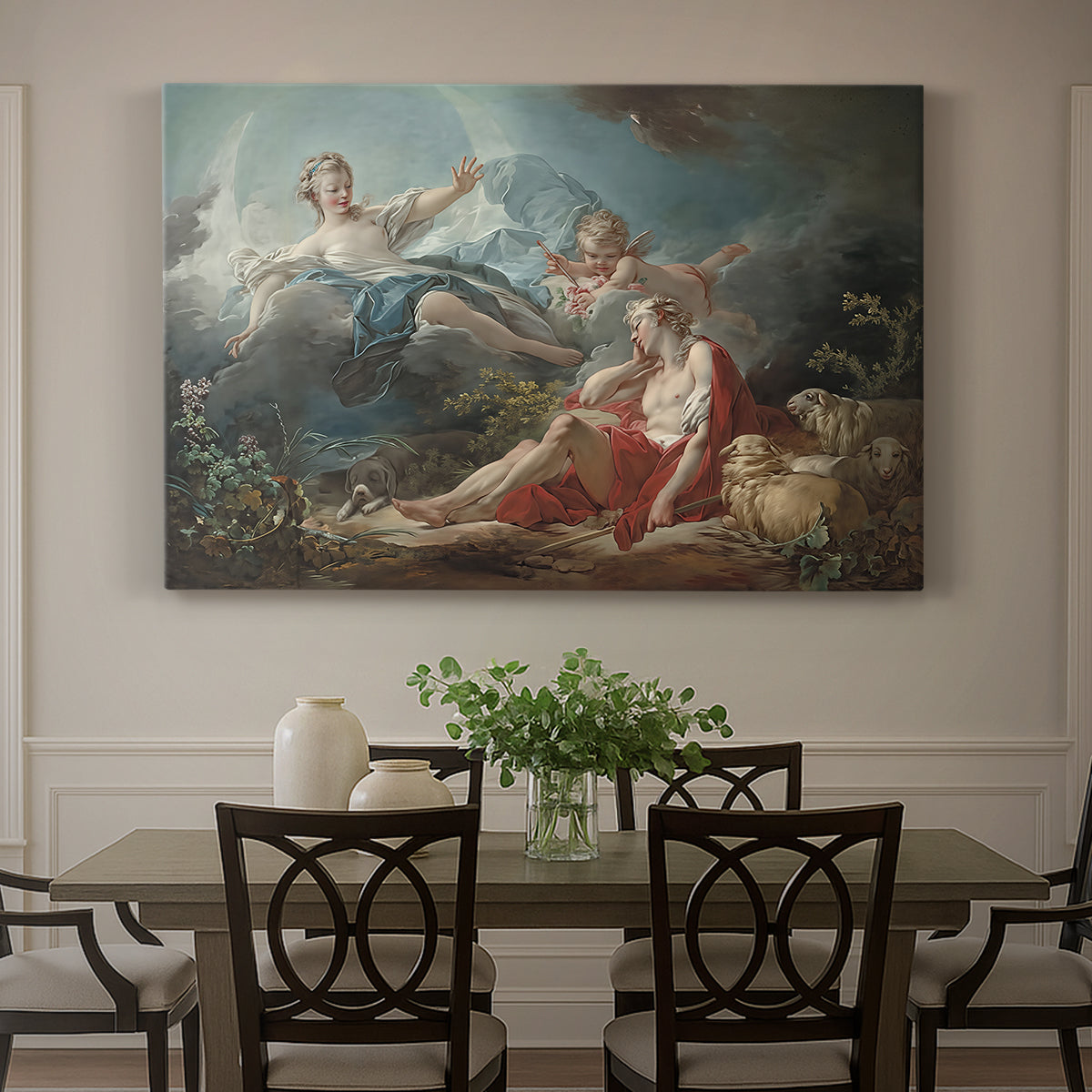 Canvas art print featuring a reclining male figure with female figure approaching in mythological landscape, showcased as a statement wall artwork
