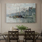 Canvas art print featuring a canal scene with boats and buildings lining waterfront in Amsterdam, showcased as a statement wall artwork