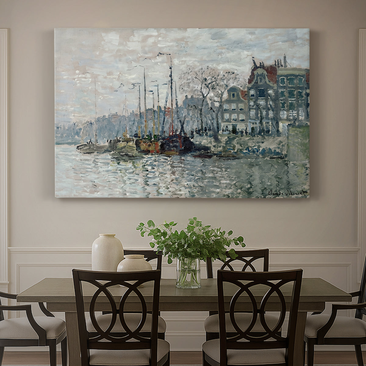 Canvas art print featuring a canal scene with boats and buildings lining waterfront in Amsterdam, showcased as a statement wall artwork