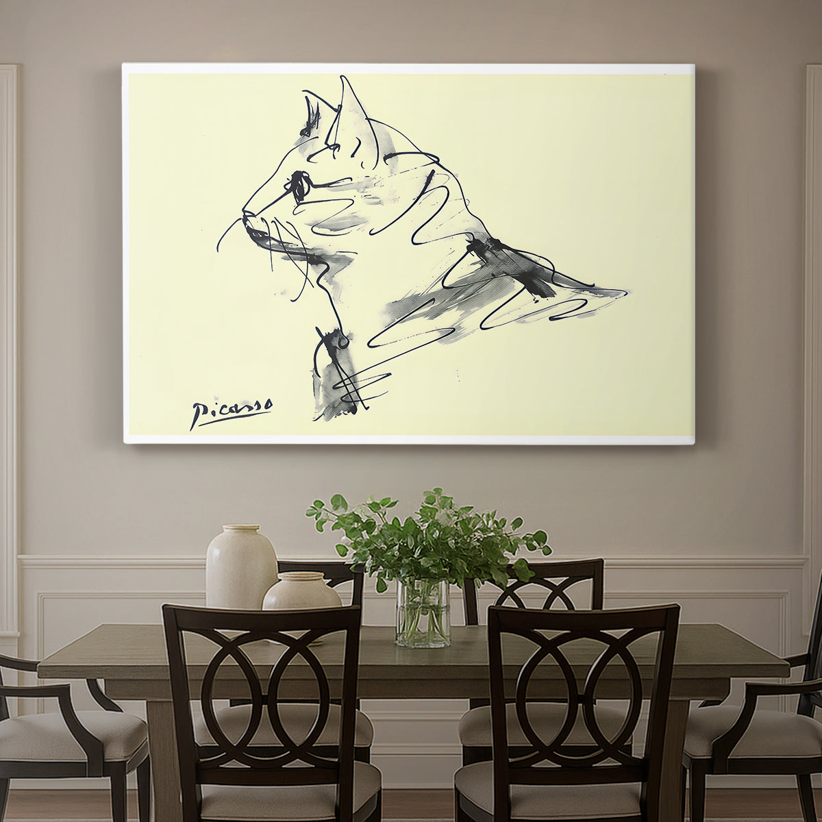 Canvas art print featuring a simple line drawing of cat in relaxed pose, showcased as a statement wall artwork
