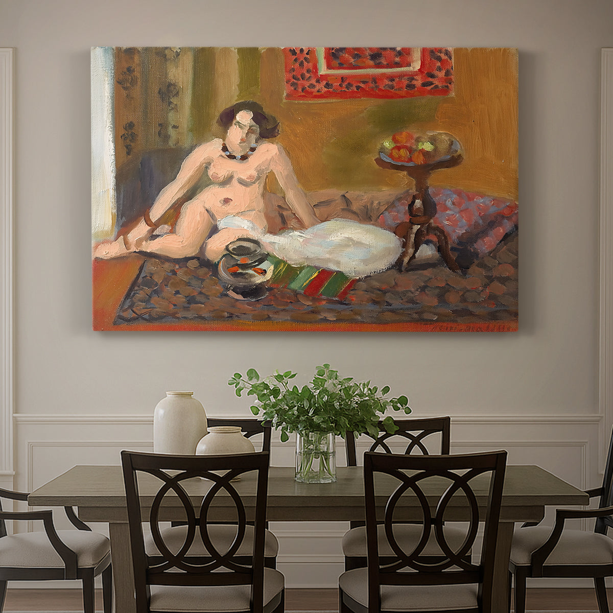 Canvas art print featuring a reclining nude figure beside bowl of goldfish in colorful interior, showcased as a statement wall artwork