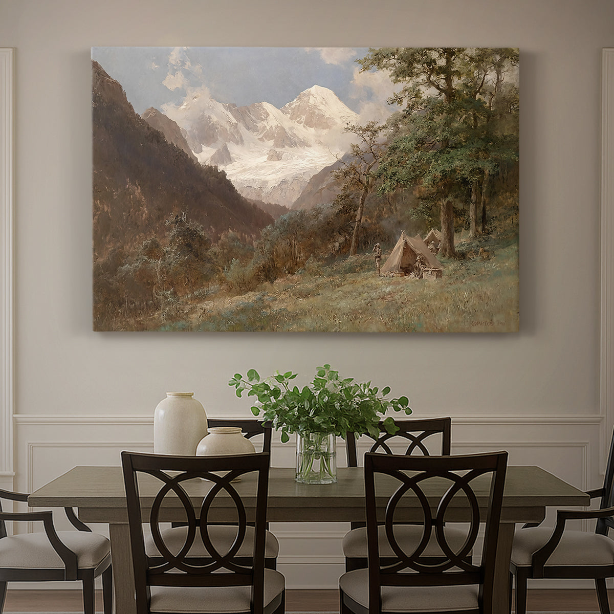 Canvas art print featuring a mountainous landscape with rugged terrain and distant peaks, showcased as a statement wall artwork