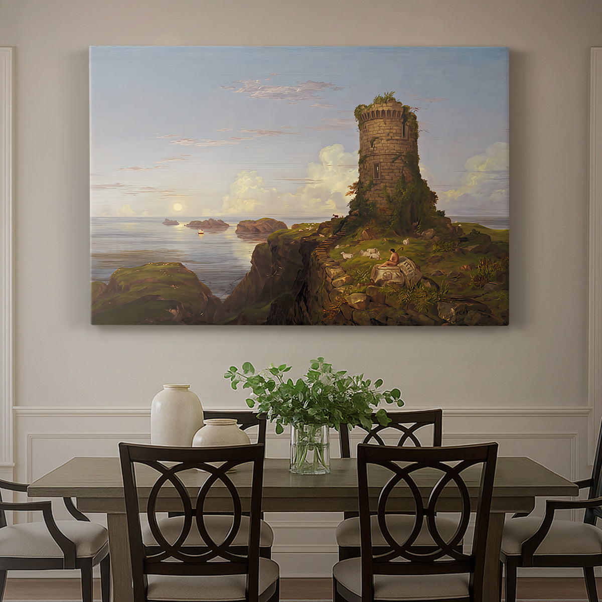 Canvas art print featuring a coastal landscape with ruined tower overlooking sea, showcased as a statement wall artwork
