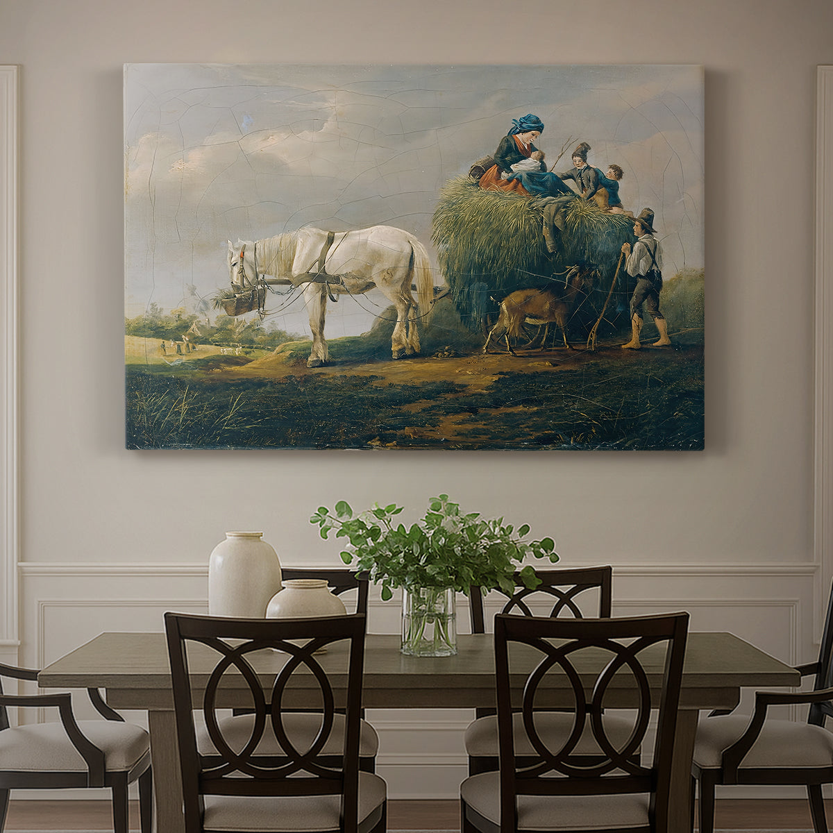 Canvas art print featuring a wagon carrying hay through countryside, showcased as a statement wall artwork