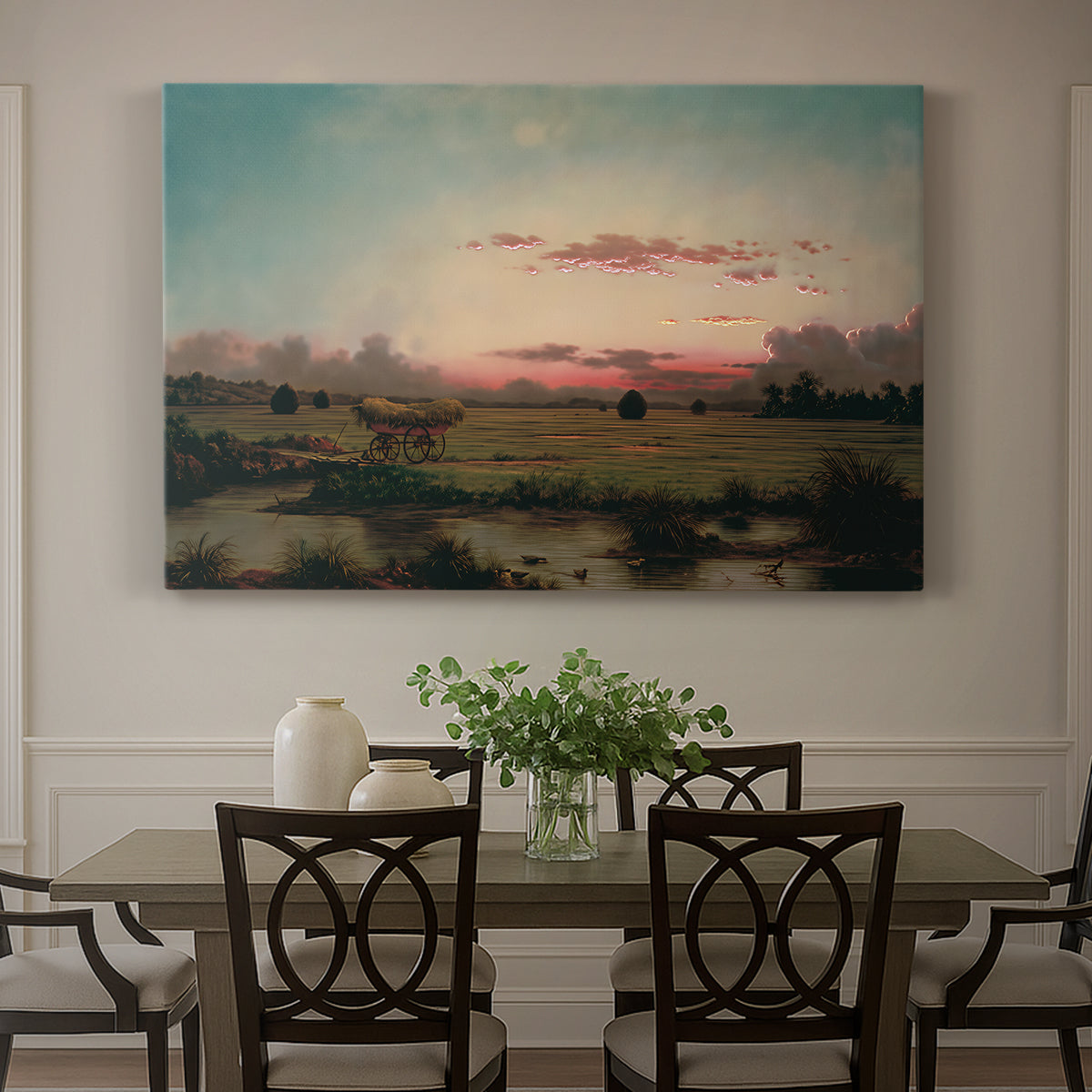 Canvas art print featuring an expansive marshland with water channels and horizon, showcased as a statement wall artwork