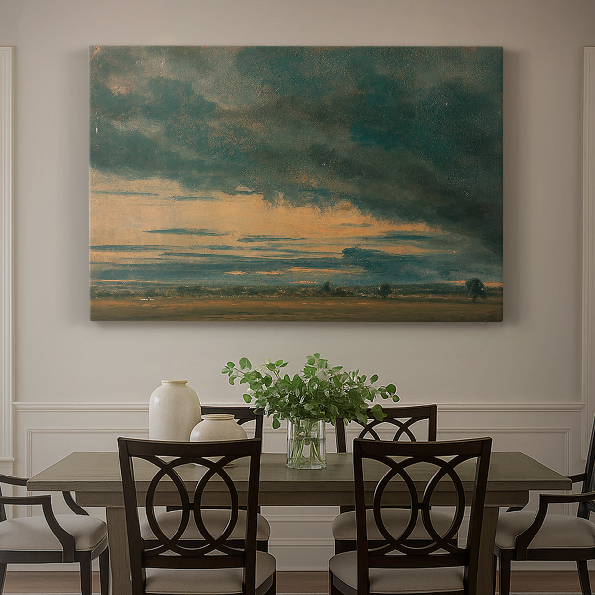Canvas art print featuring an expansive sky filled with layered cloud formations, showcased as a statement wall artwork