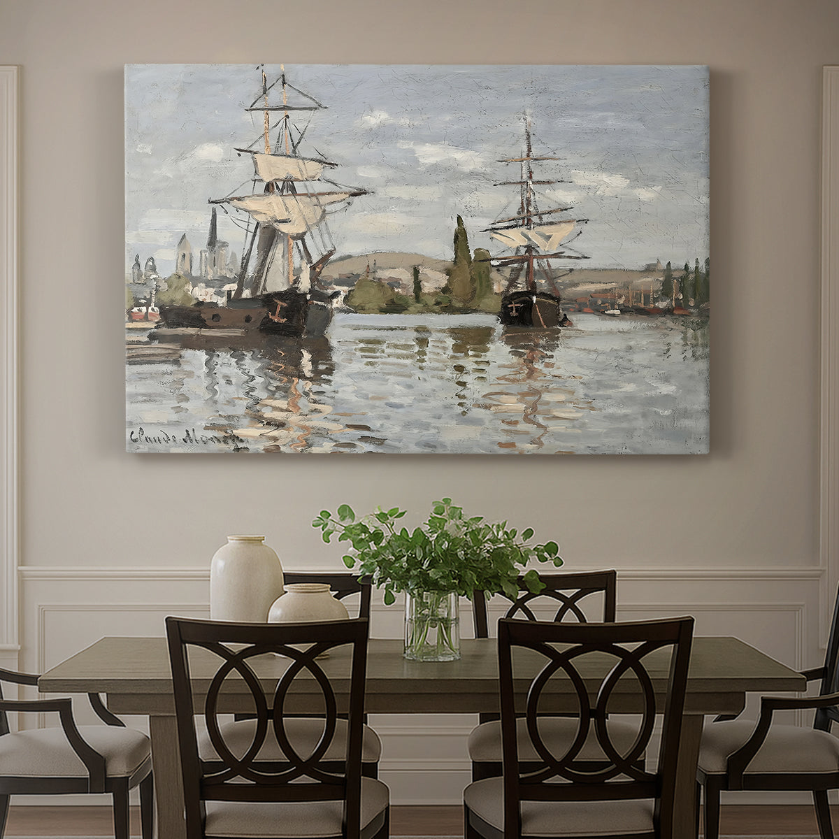 Canvas art print featuring large ships docked along the Seine with masts rising against soft sky, showcased as a statement wall artwork