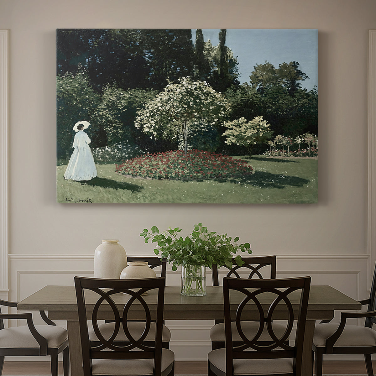 Canvas art print featuring a woman standing in garden surrounded by flowers and greenery, showcased as a statement wall artwork