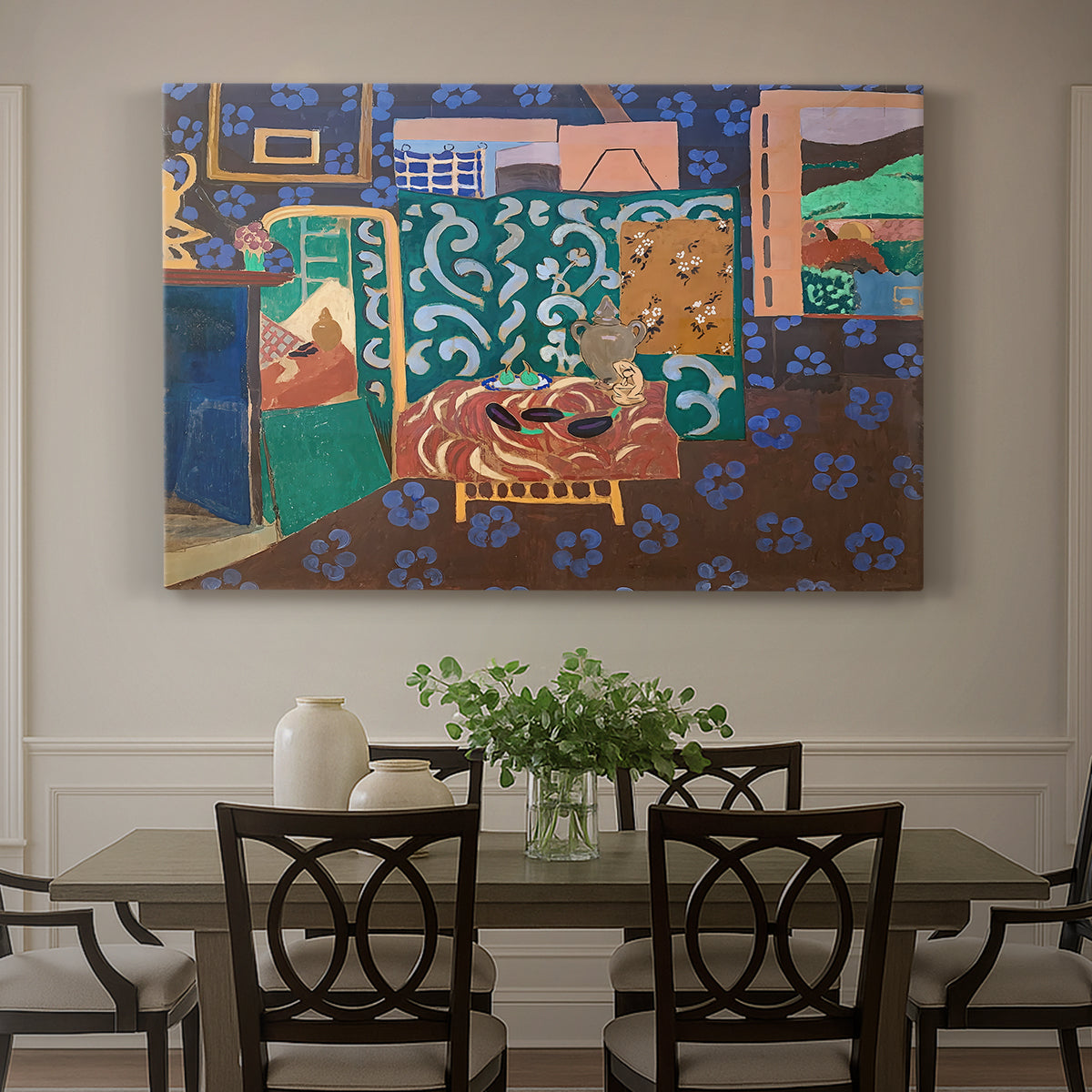 Canvas art print featuring a colorful interior with table, aubergines, and richly patterned surfaces, showcased as a statement wall artwork