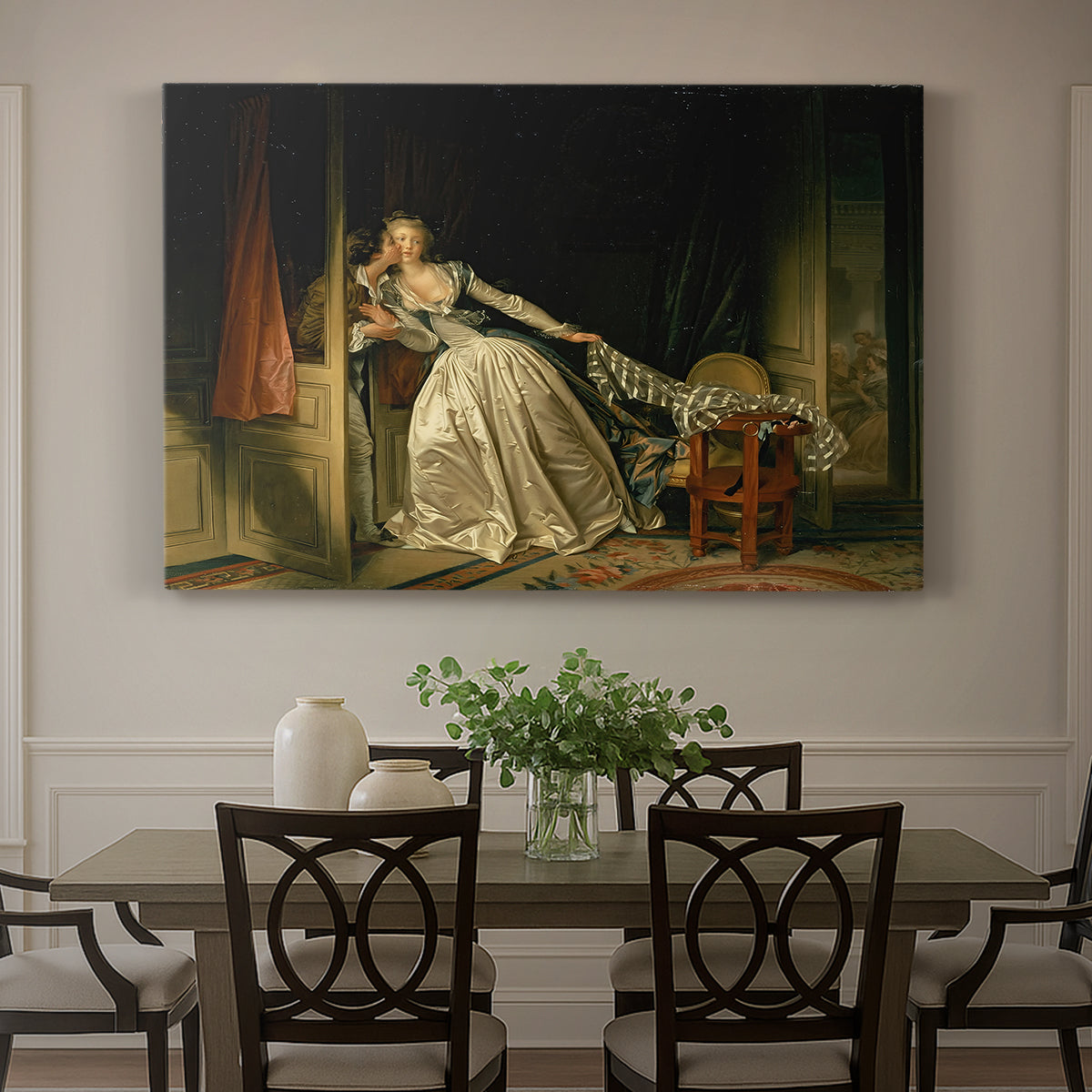 Canvas art print featuring an intimate interior scene with couple sharing a secret kiss, showcased as a statement wall artwork