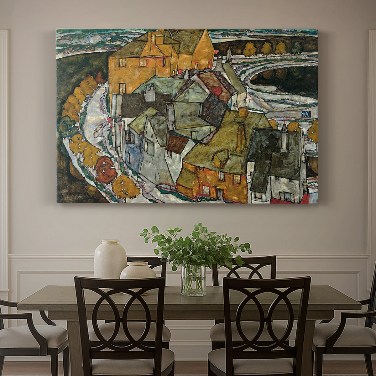 Canvas art print featuring a curved row of colorful houses forming crescent shape along water, showcased as a statement wall artwork