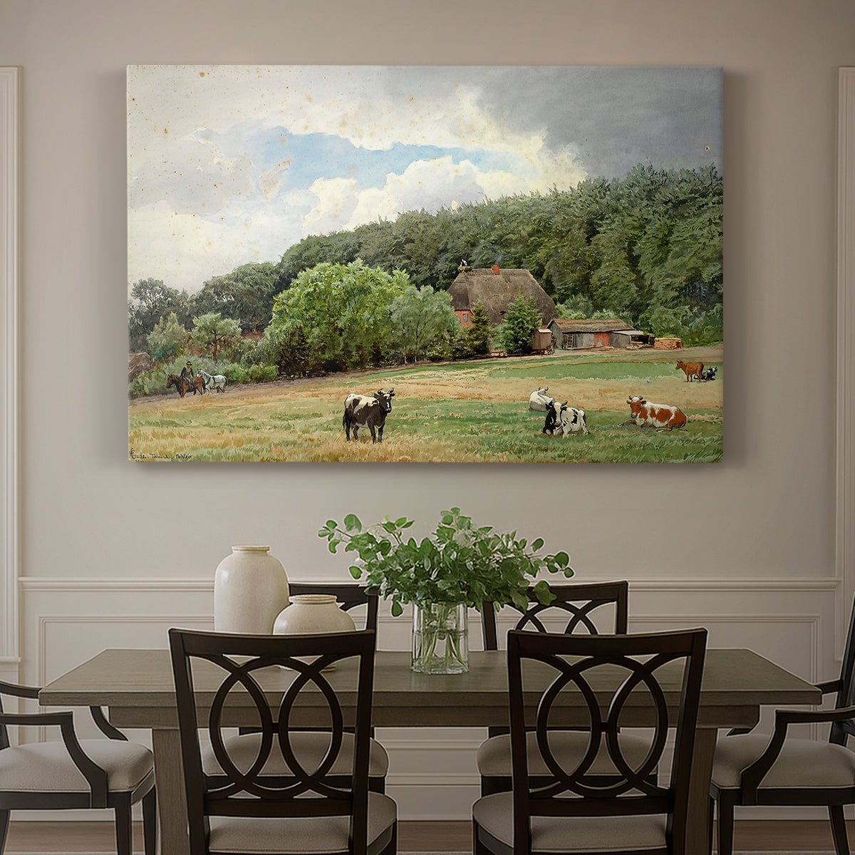 Canvas art print featuring cows grazing in pasture near farmhouse in rural countryside, showcased as a statement wall artwork
