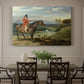 Canvas art print featuring a mounted hunter with dogs pursuing game across open landscape, showcased as a statement wall artwork