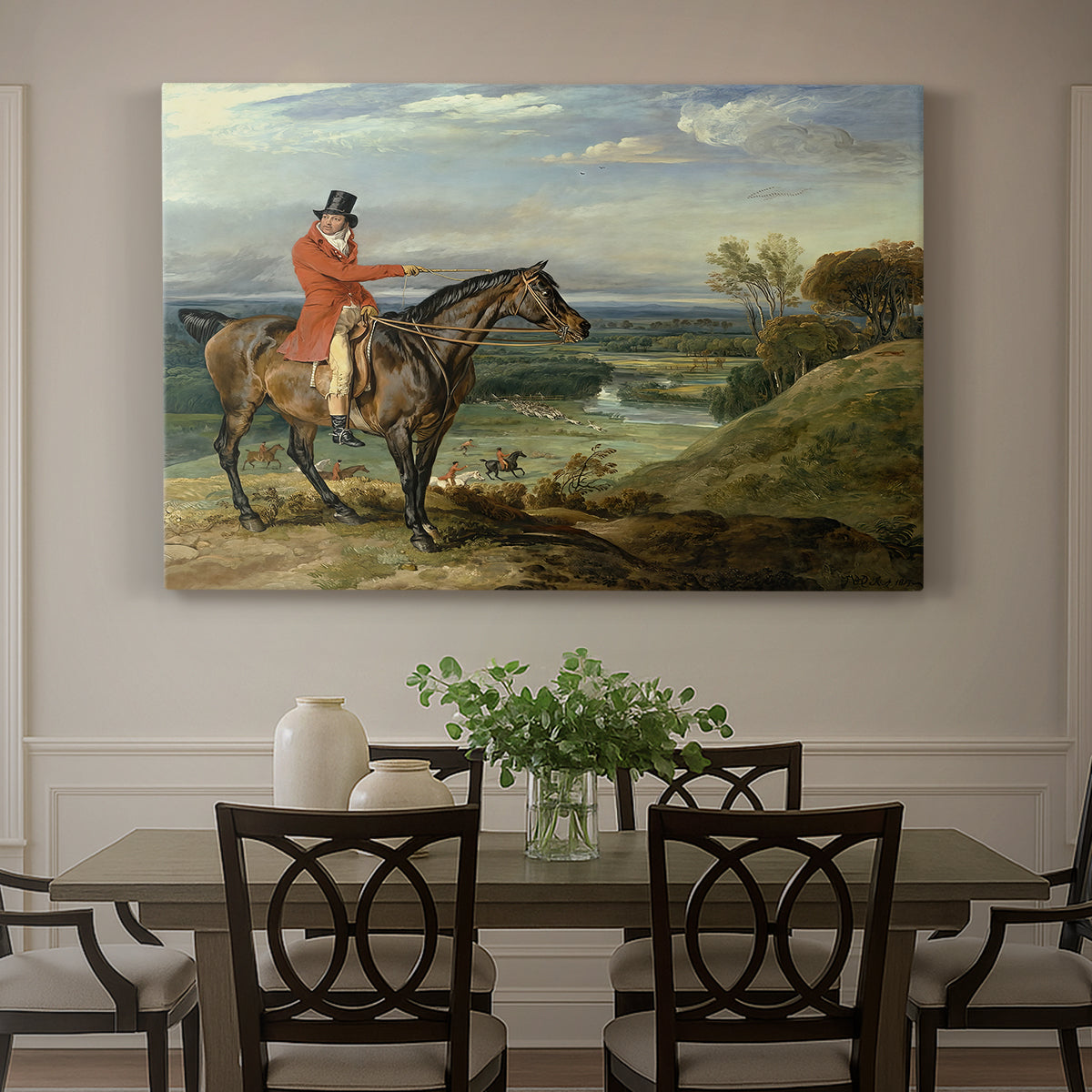 Canvas art print featuring a mounted hunter with dogs pursuing game across open landscape, showcased as a statement wall artwork
