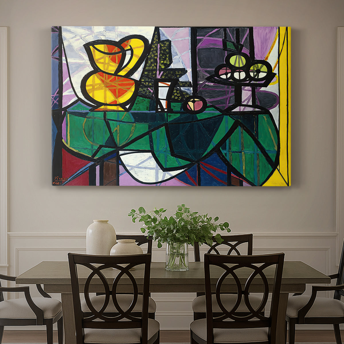 Canvas art print featuring a still life with pitcher and fruit in cubist composition, showcased as a statement wall artwork
