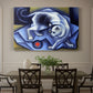 Canvas art print featuring a geometric cat interacting with ball in cubist composition, showcased as a statement wall artwork