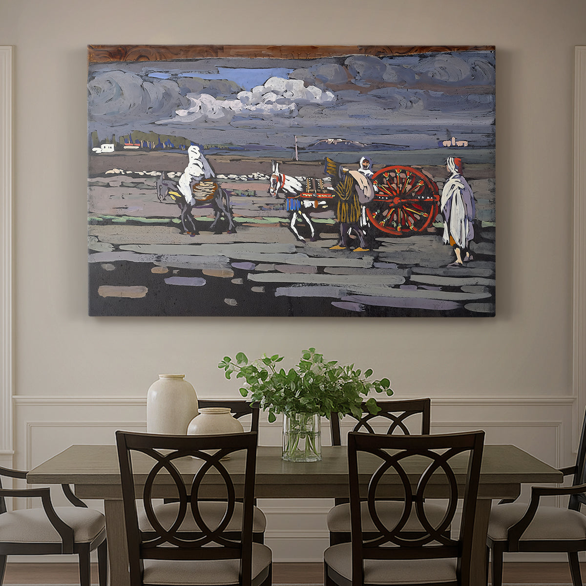 Canvas art print featuring a rural road scene with figures and landscape rendered in bold color and simplified forms, showcased as a statement wall artwork