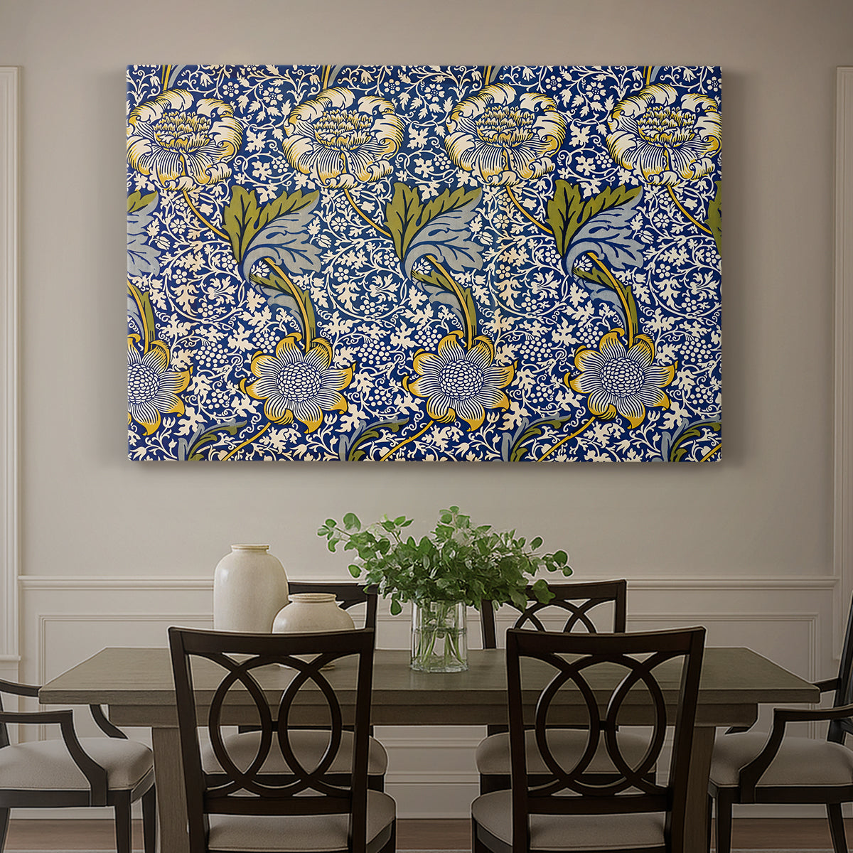 Canvas art print featuring a repeating pattern of birds and plants intertwined in dense decorative layout, showcased as a statement wall artwork