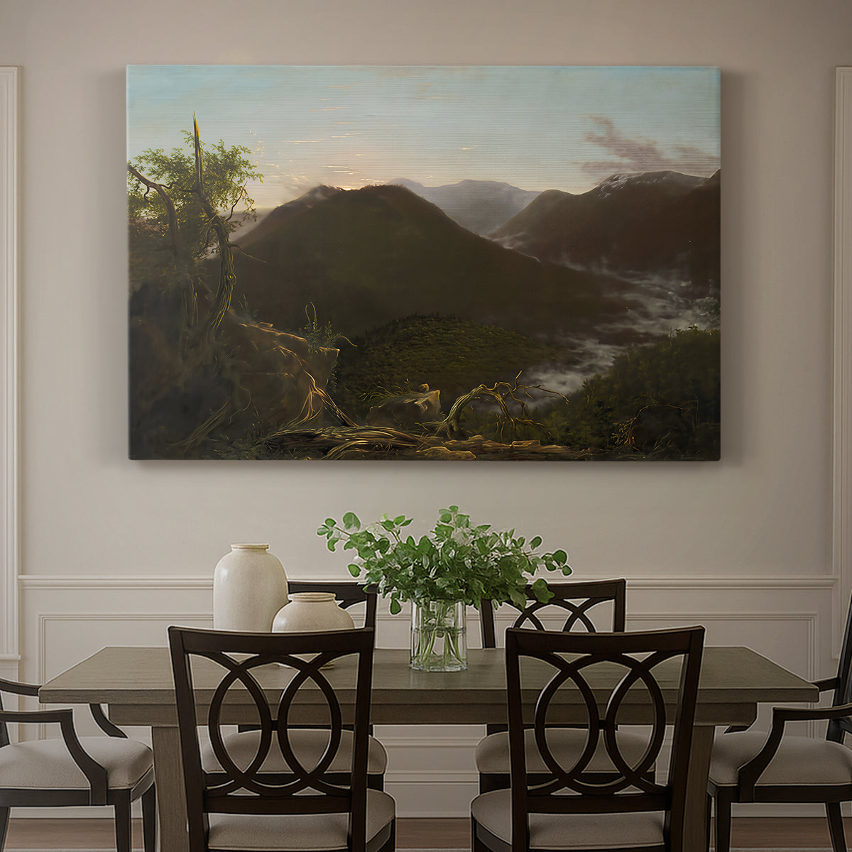 Canvas art print featuring a mountain valley at sunrise with light spreading across trees and hills, showcased as a statement wall artwork