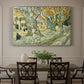 Canvas art print featuring a road lined with large trees where workers are gathered along path, showcased as a statement wall artwork