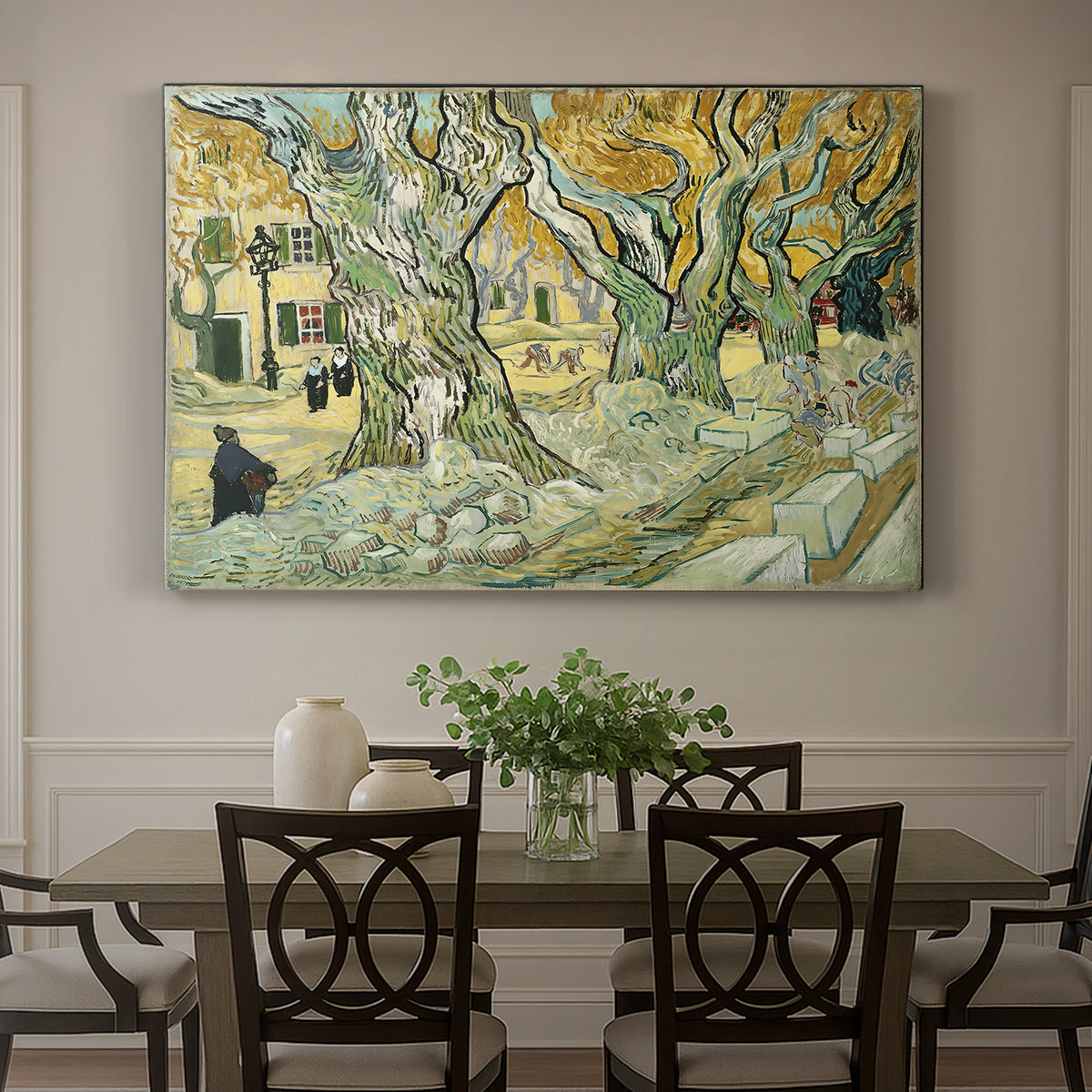 Canvas art print featuring a road lined with large trees where workers are gathered along path, showcased as a statement wall artwork