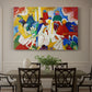 Canvas art print featuring a colorful abstract composition with clustered shapes suggesting figures and decorative elements, showcased as a statement wall artwork