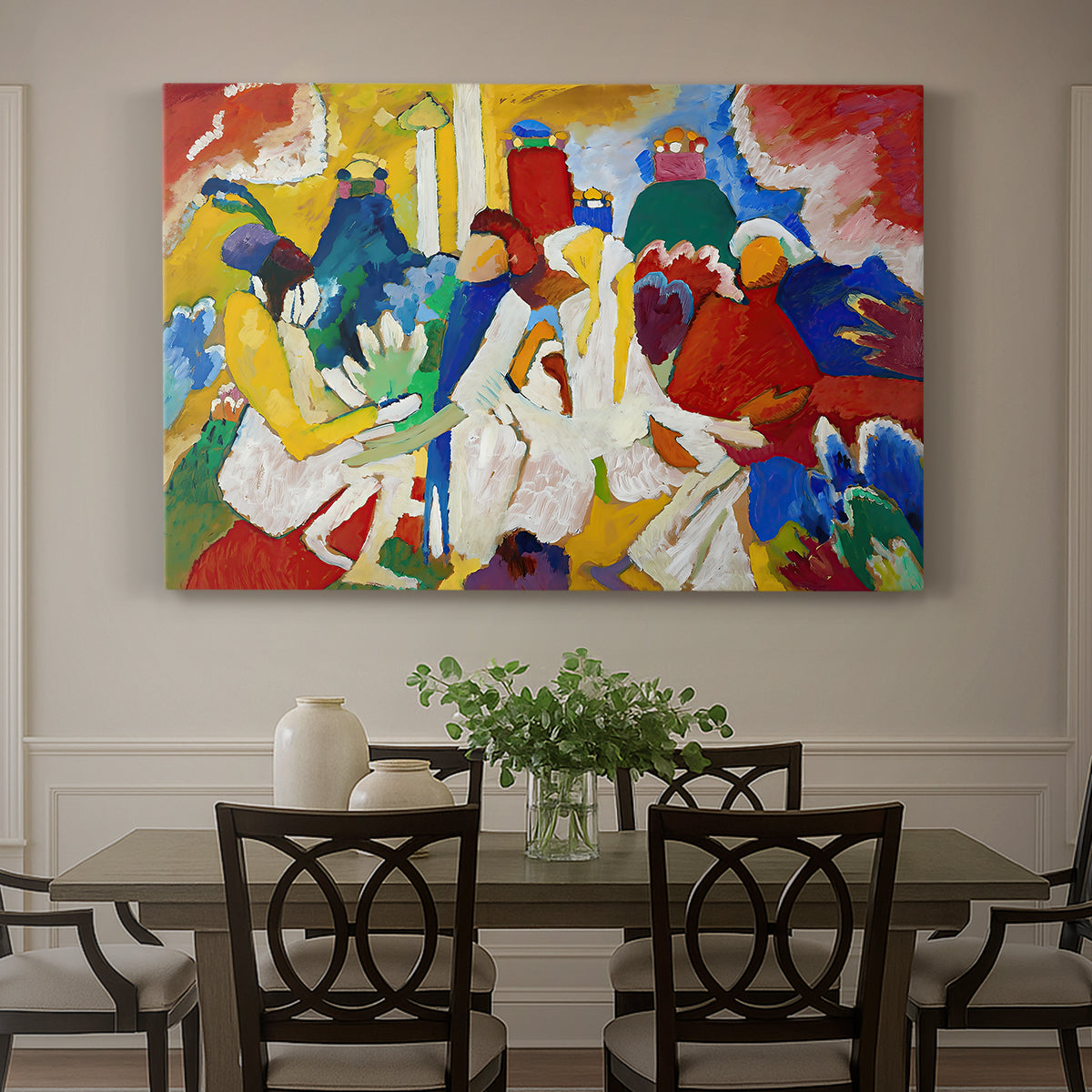Canvas art print featuring a colorful abstract composition with clustered shapes suggesting figures and decorative elements, showcased as a statement wall artwork