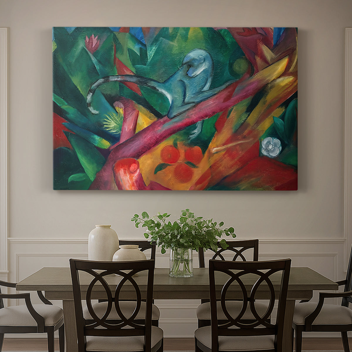 Canvas art print featuring a stylized monkey rendered in bold colors and abstract shapes, showcased as a statement wall artwork
