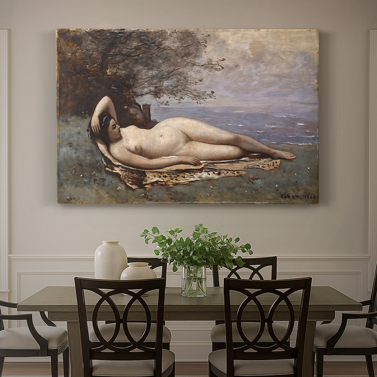 Canvas art print featuring a reclining female figure near shoreline with calm water behind, showcased as a statement wall artwork