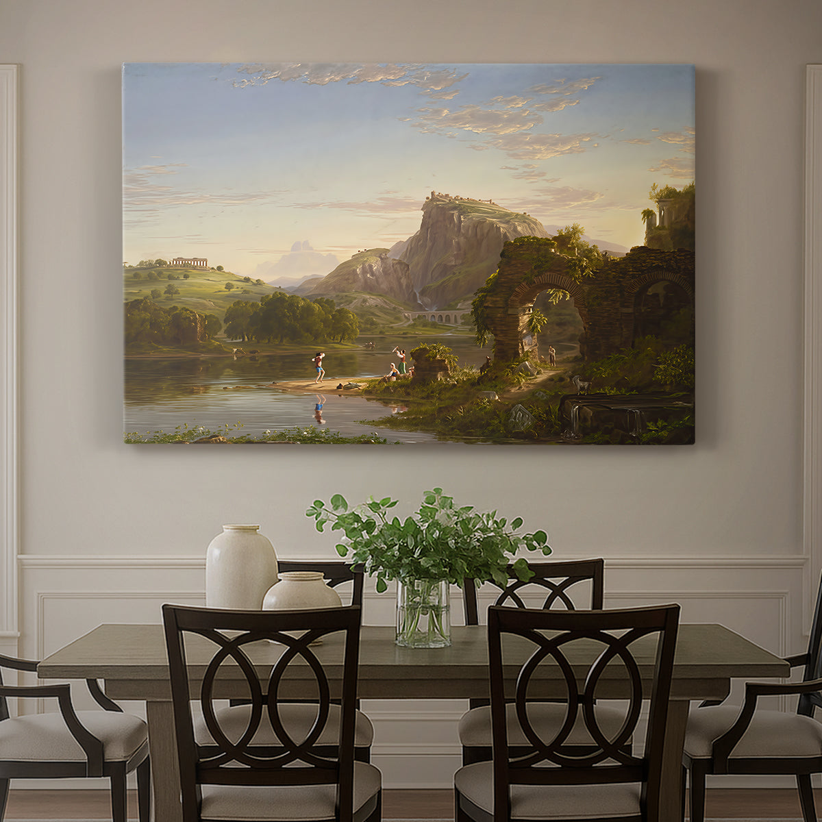 Canvas art print featuring a sunlit pastoral landscape with figures and classical architecture in open countryside, showcased as a statement wall artwork