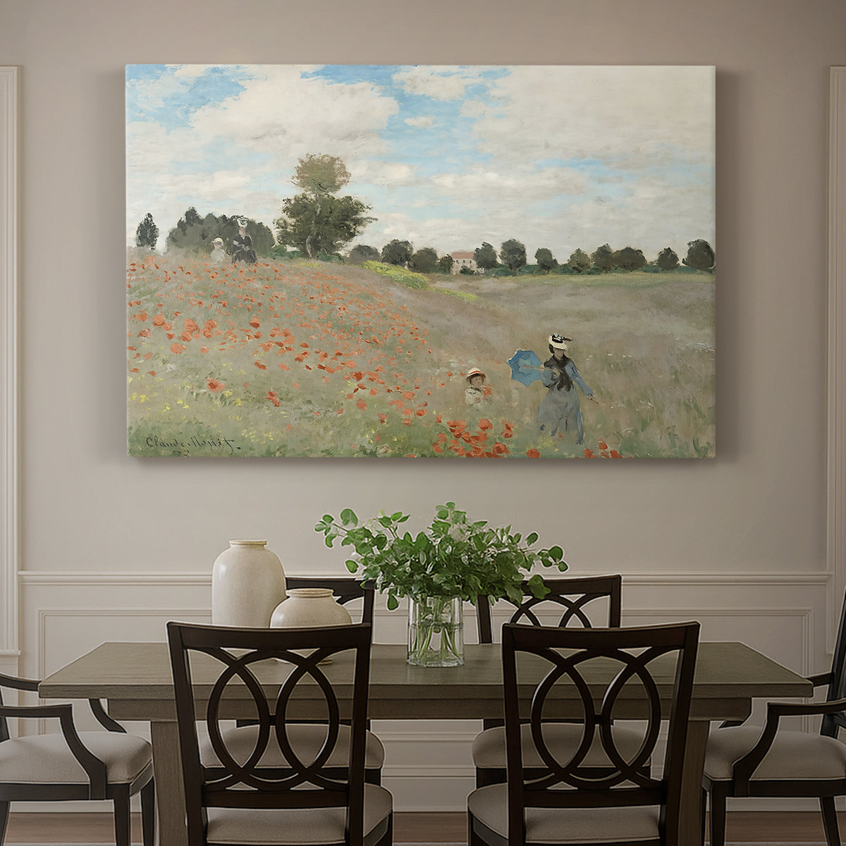 Canvas art print featuring a field of red poppies with figures walking across rolling landscape, showcased as a statement wall artwork