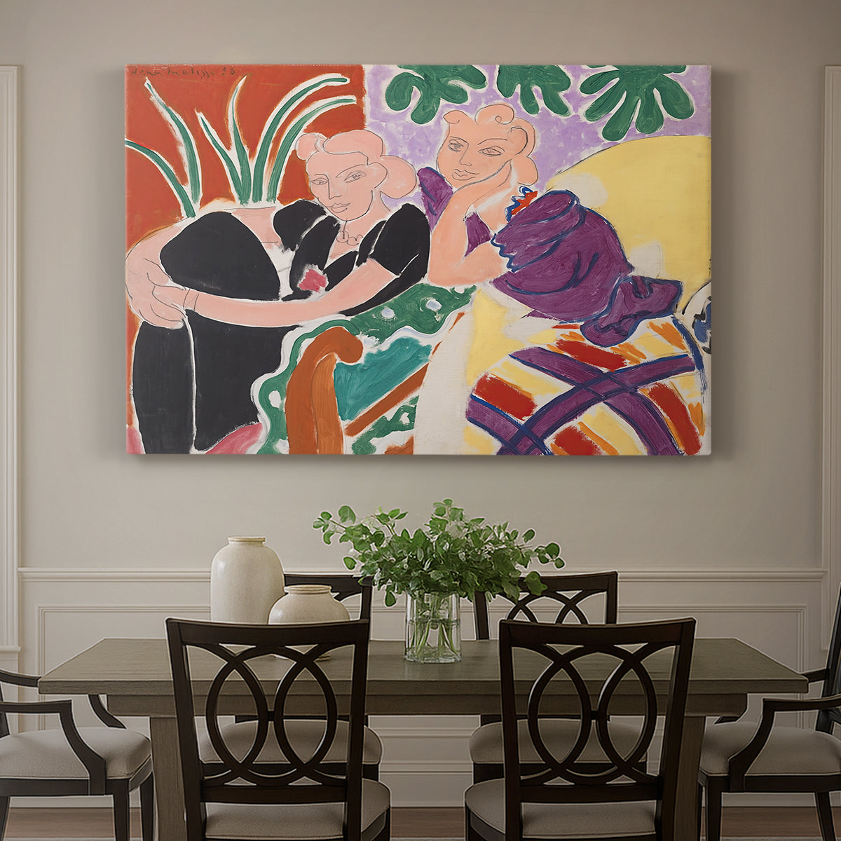 Canvas art print featuring two figures in a vivid interior engaged in conversation, showcased as a statement wall artwork