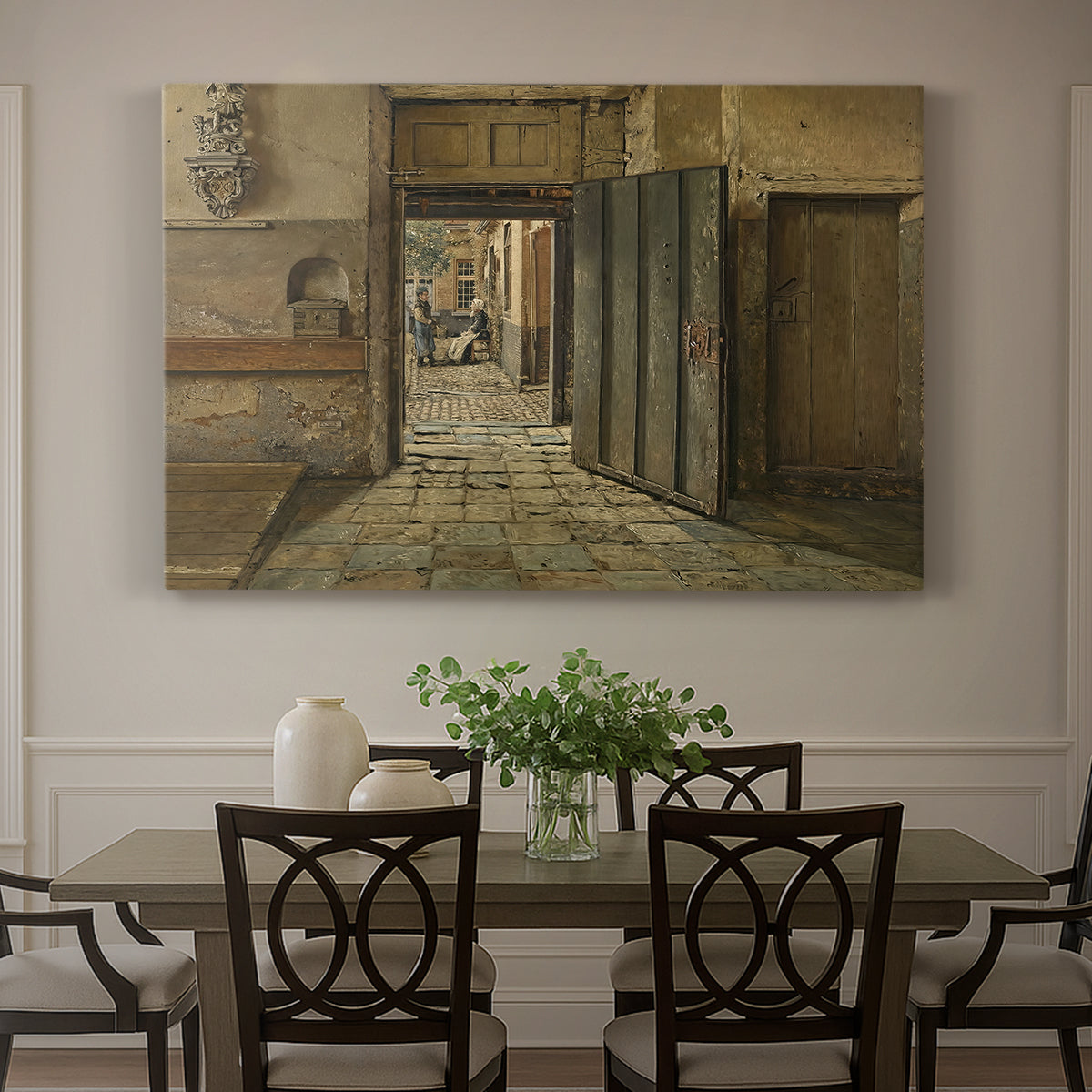 Canvas art print featuring two figures standing in sparse interior engaged in quiet exchange, showcased as a statement wall artwork