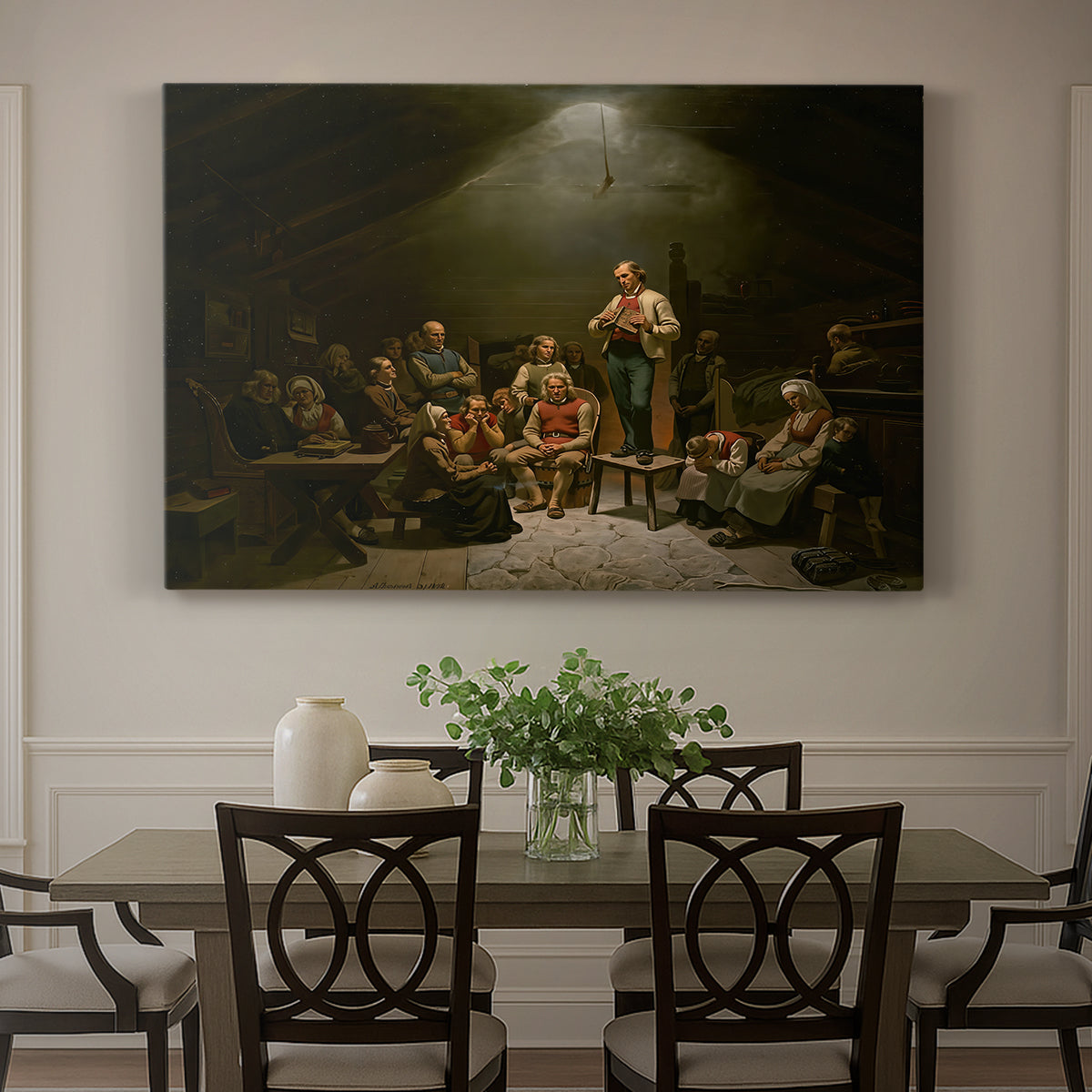 Canvas art print featuring a group of worshippers gathered in a dark interior engaged in religious devotion, showcased as a statement wall artwork