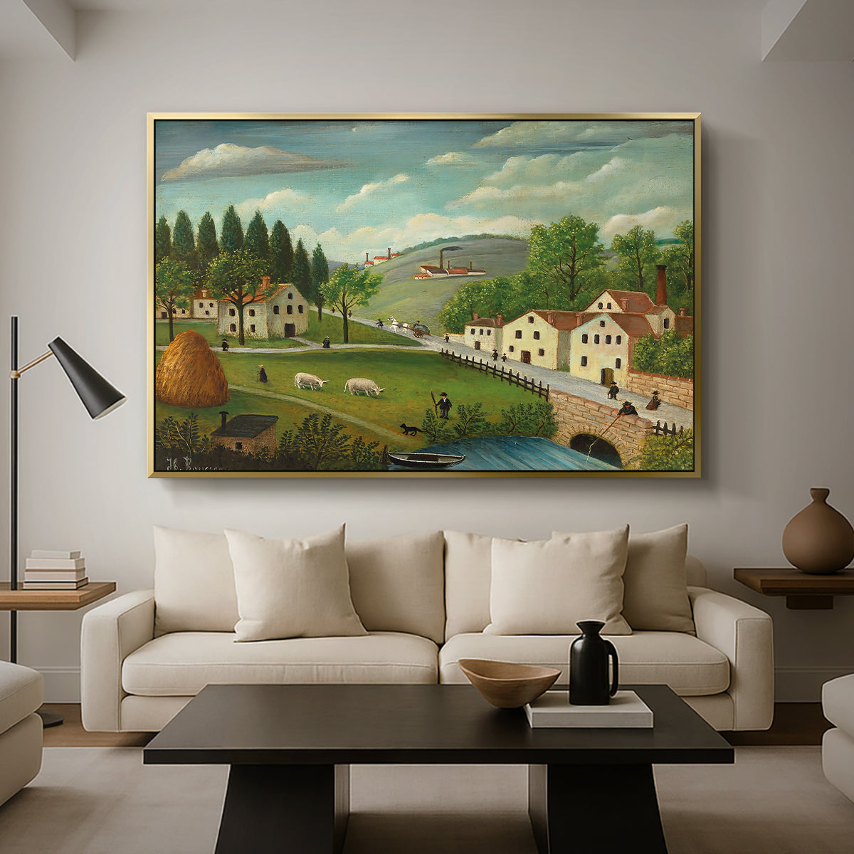 Pastoral Landscape with Stream, Fisherman and Strollers, 1875-1880 - Floater Framed Canvas Print