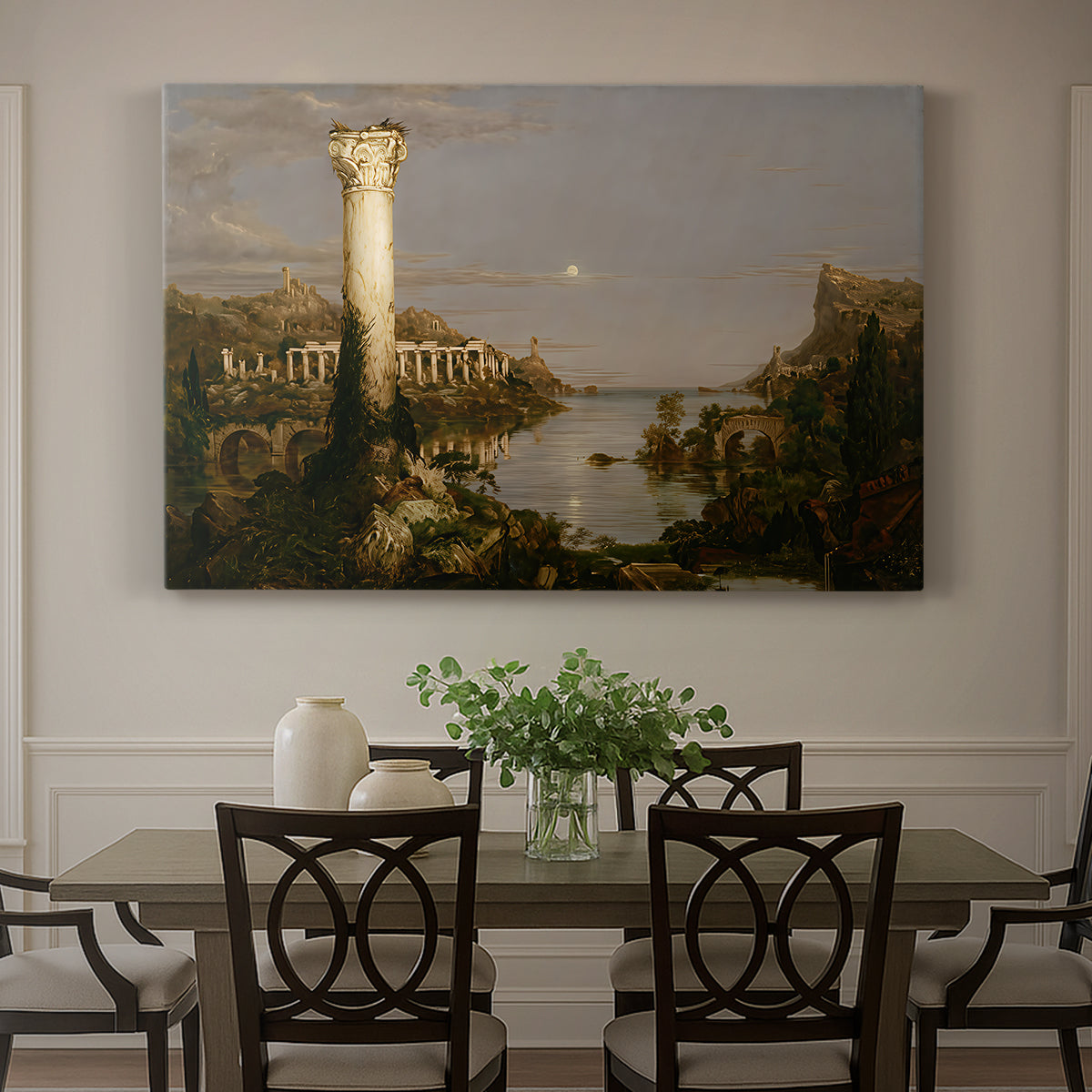 Canvas art print featuring a ruined city overgrown with vegetation under quiet, empty sky, showcased as a statement wall artwork