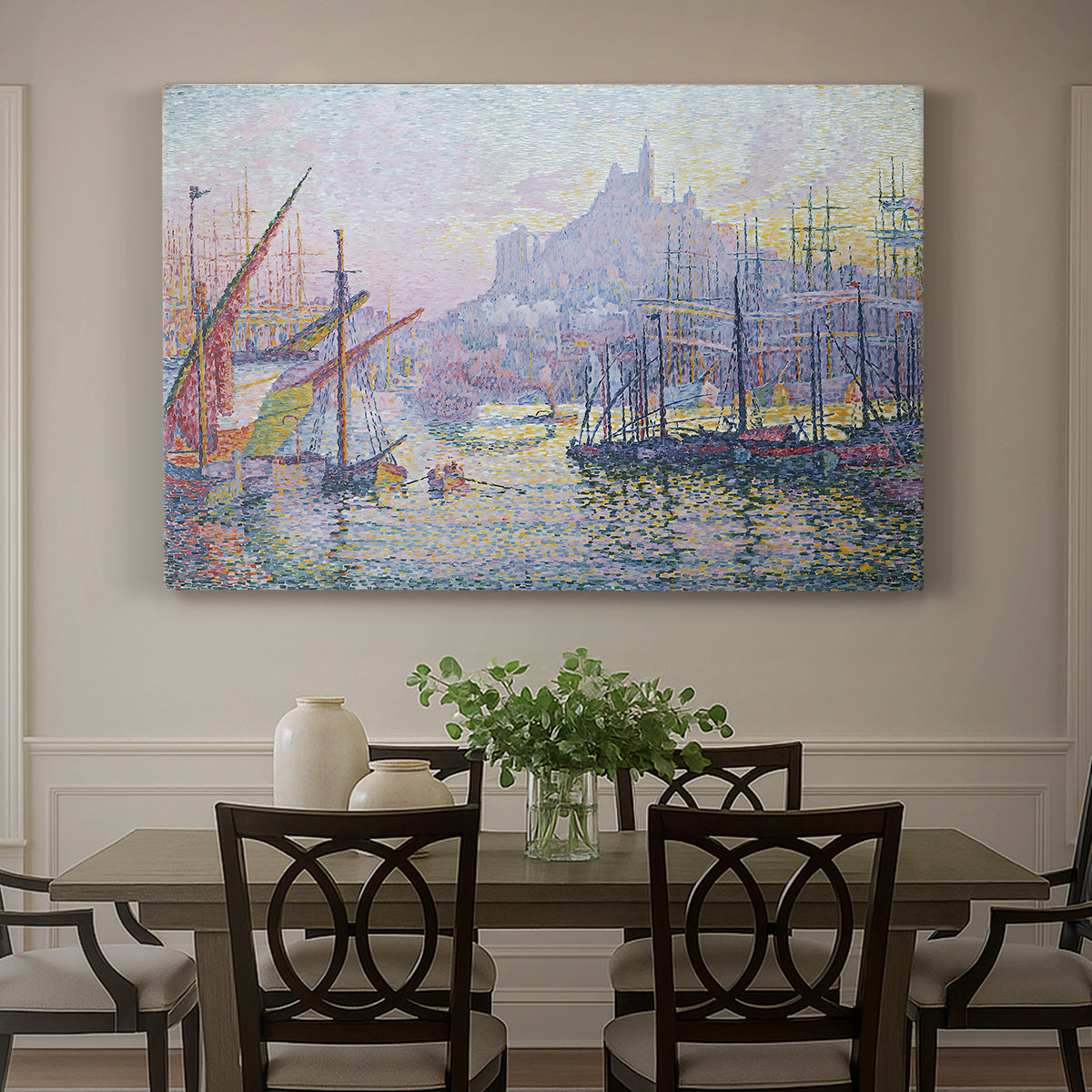 Canvas art print featuring a busy harbor filled with boats and waterfront, showcased as a statement wall artwork