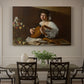 Canvas art print featuring a young musician playing lute beside table with fruit and sheet music, showcased as a statement wall artwork