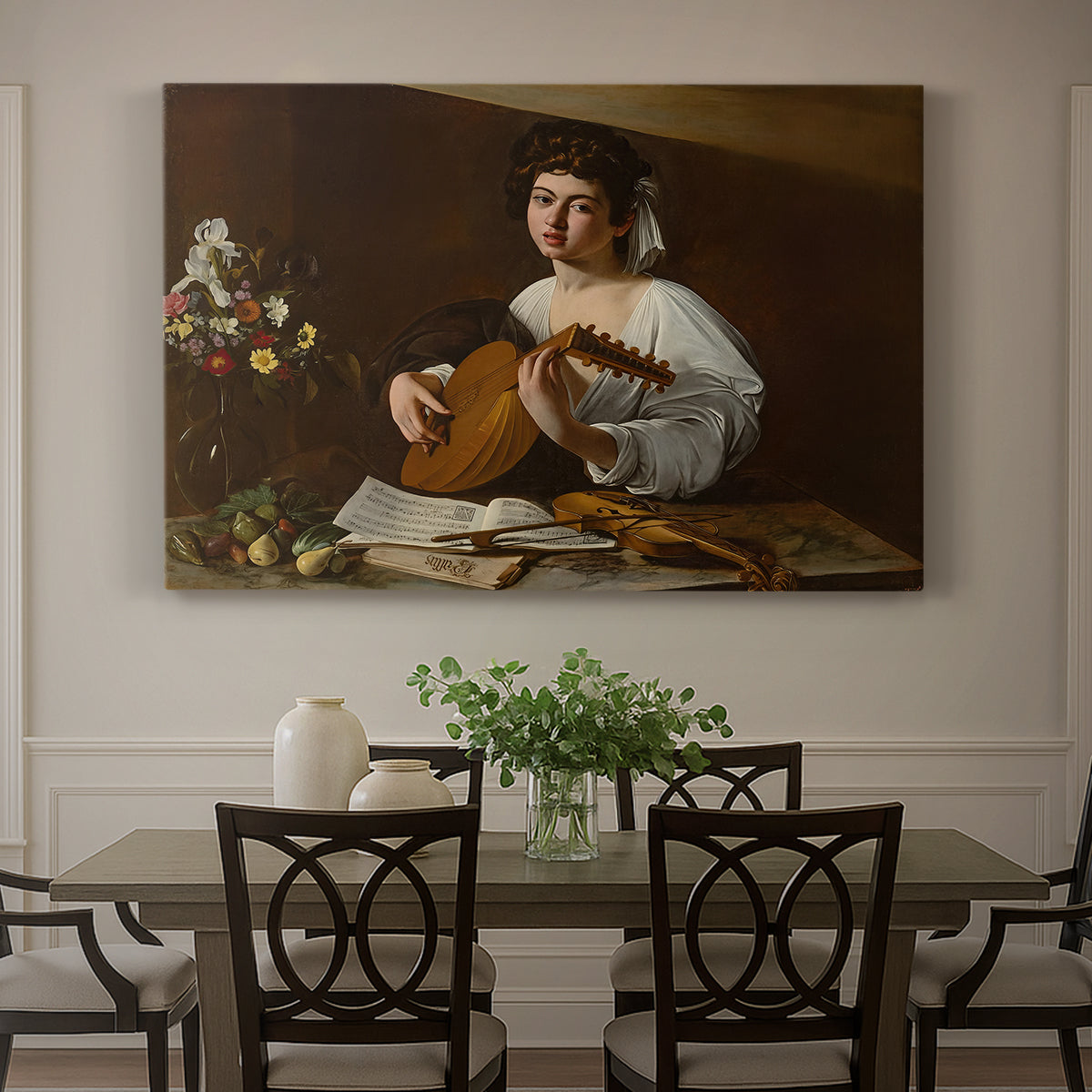 Canvas art print featuring a young musician playing lute beside table with fruit and sheet music, showcased as a statement wall artwork