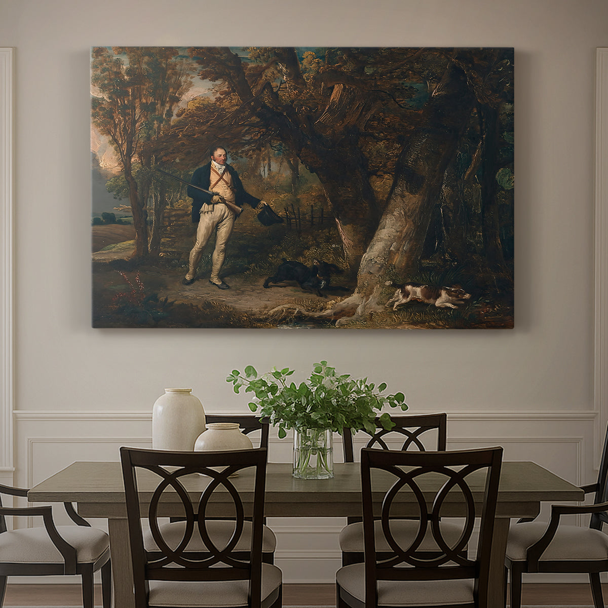 Canvas art print featuring a man with multiple dogs preparing for hunting in countryside, showcased as a statement wall artwork
