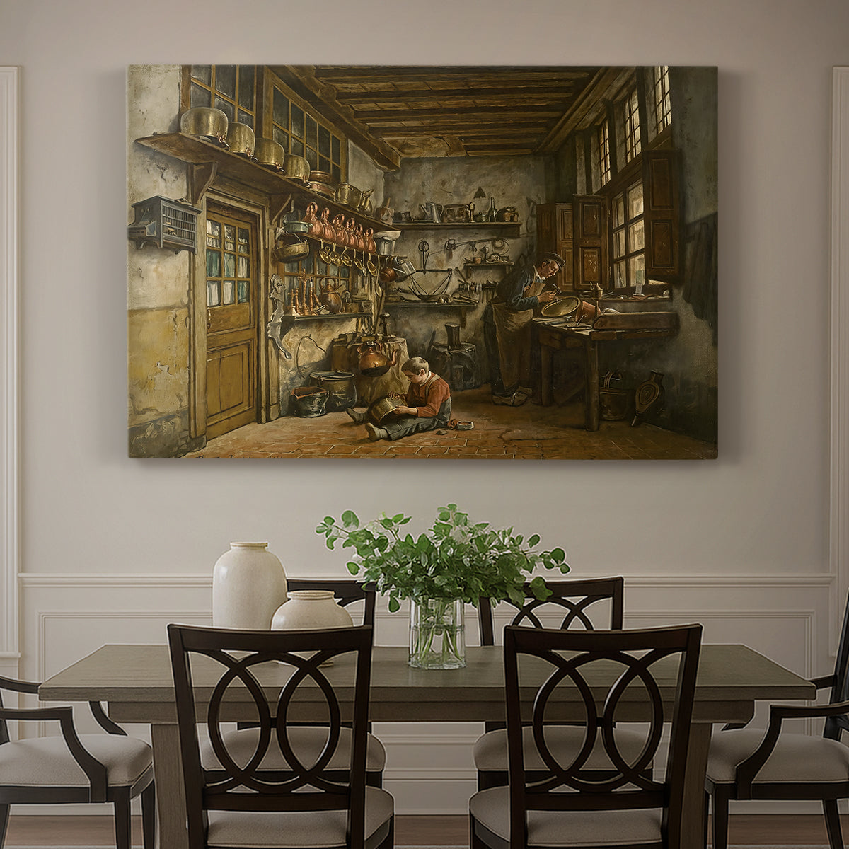 Canvas art print featuring a man working at table inside rustic interior filled with tools and objects, showcased as a statement wall artwork