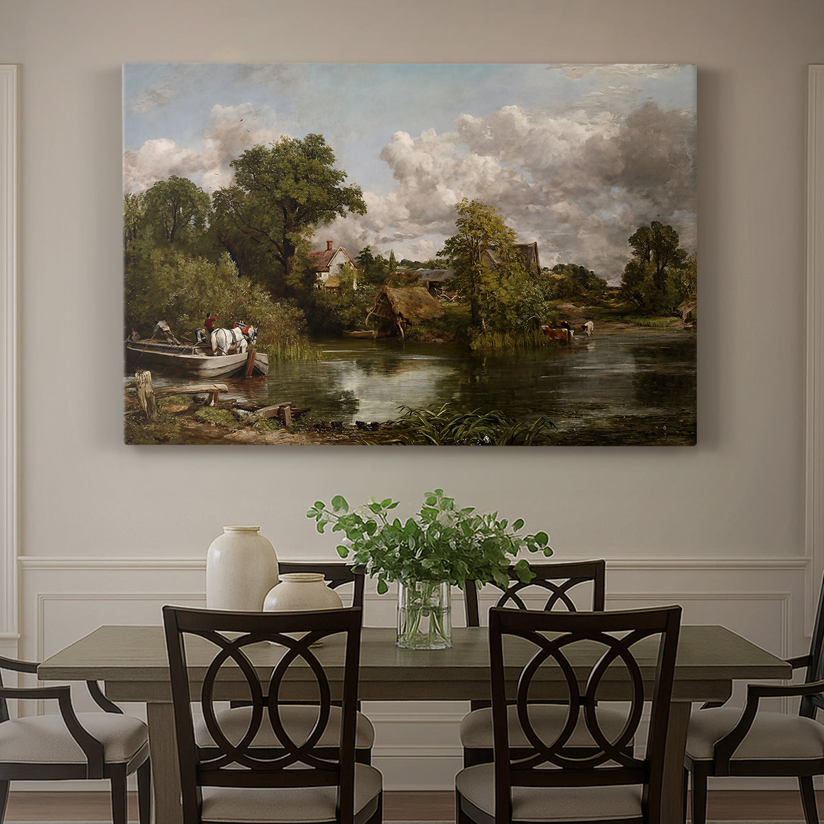Canvas art print featuring a white horse standing near river within rural landscape, showcased as a statement wall artwork