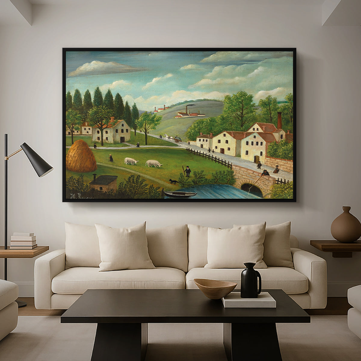 Pastoral Landscape with Stream, Fisherman and Strollers, 1875-1880 - Floater Framed Canvas Print