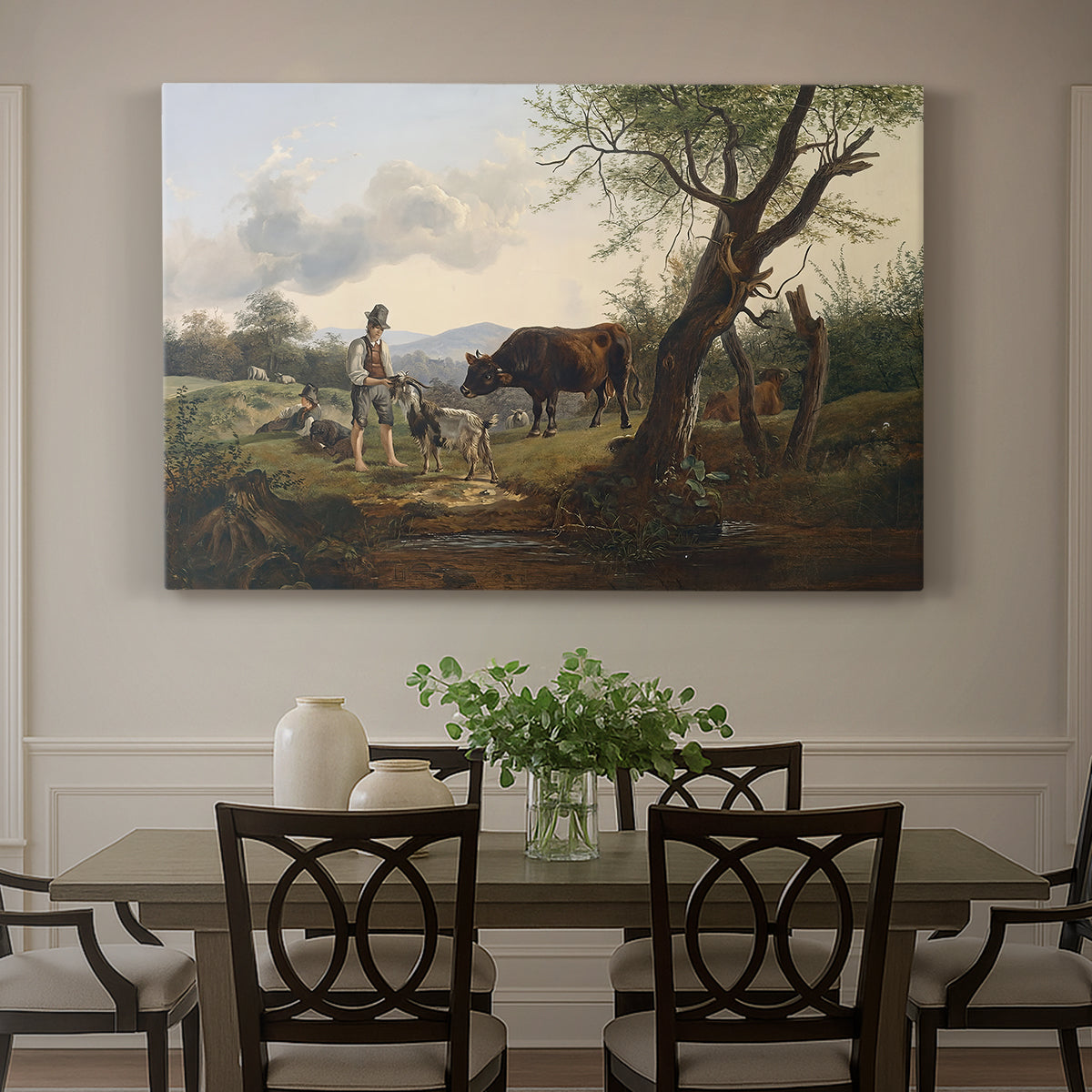 Canvas art print featuring a shepherd standing beside goat in countryside, showcased as a statement wall artwork