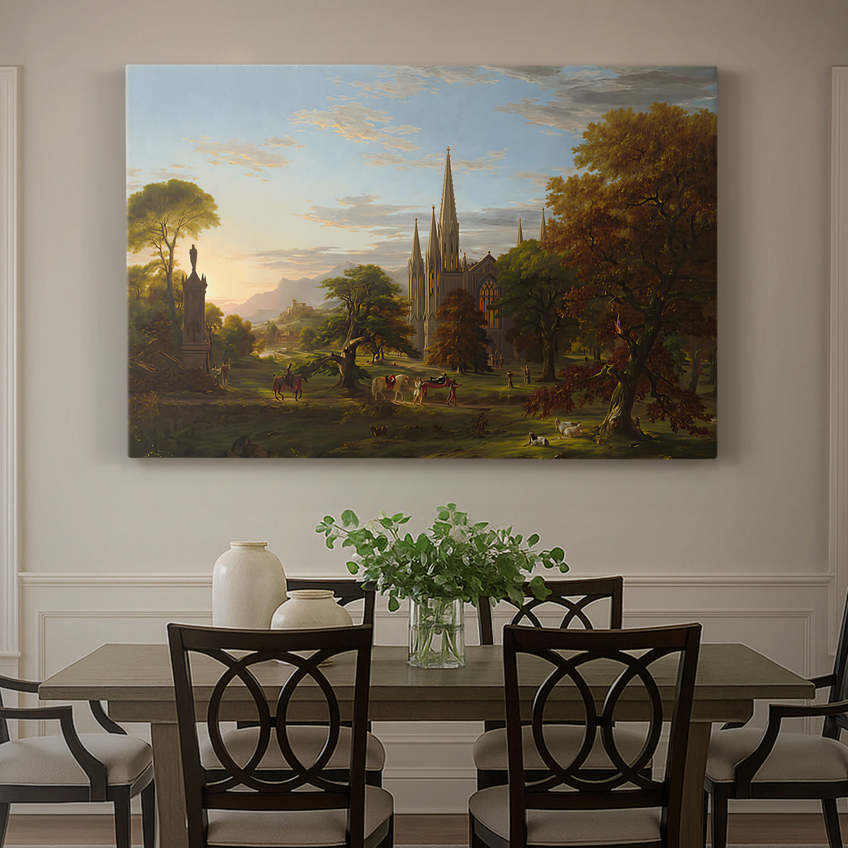 Canvas art print featuring figures approaching settlement within expansive landscape under warm light, showcased as a statement wall artwork