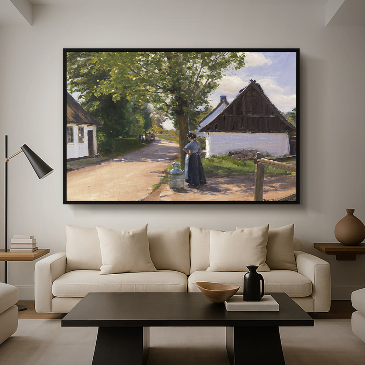 Danish Village Street with Woman and Milkman, 1880 - Floater Framed Canvas Print