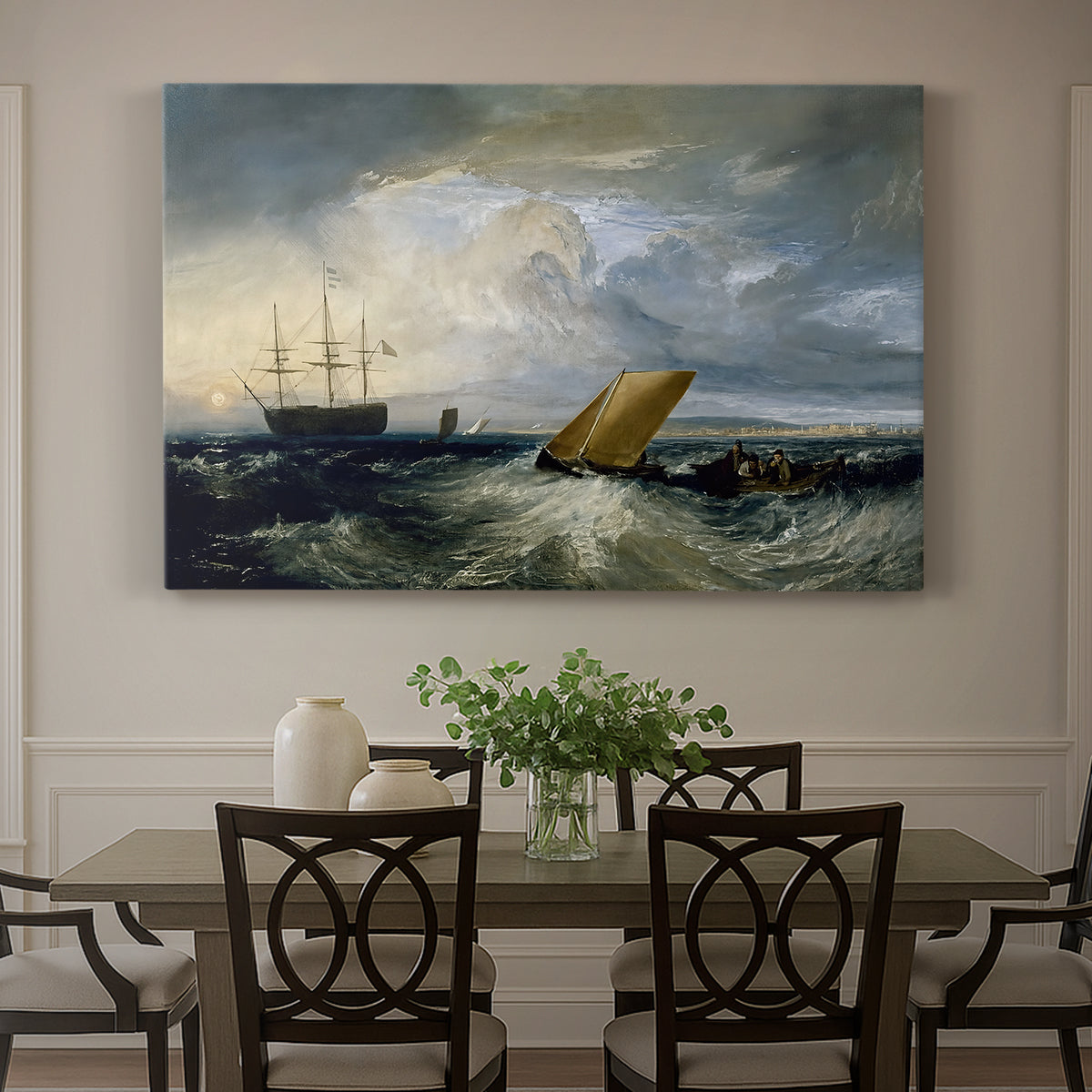 Canvas art print featuring a coastal scene with ships and distant shoreline, showcased as a statement wall artwork